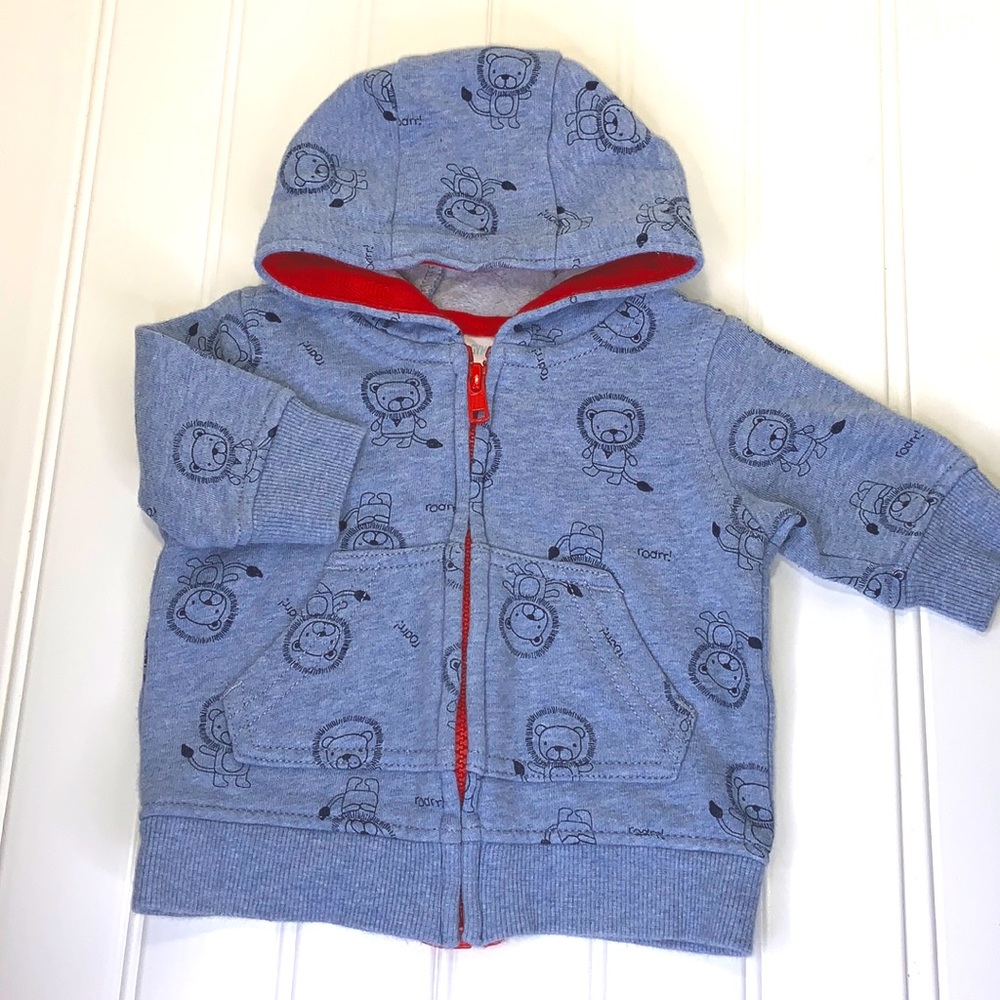 Gymboree Blue Long Sleeve Lion Print Zipper Hoodie Sweatshirt Size 0-3 Months